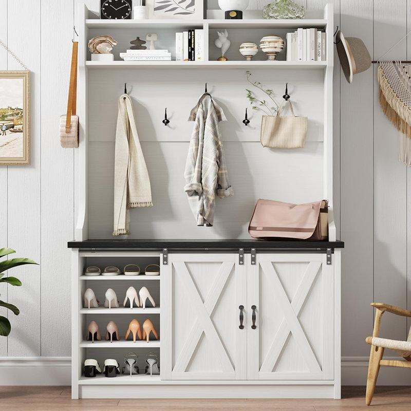 Endüstriyel Ahşap Sürgülü Ahır Kapaklı Oturaklı Portmanto Vestiyer - 107 cm - 159571