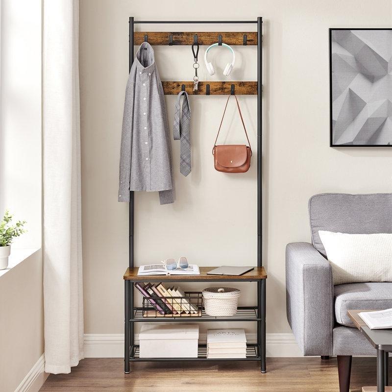 Endüstriyel Ahşap ve Metal Oturaklı Ayakkabılıklı Portmanto Vestiyer 9 Askılı - 71 cm - 159781