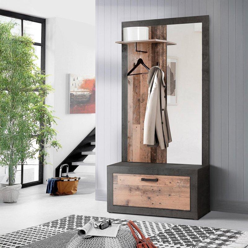 Eskitme Ahşap Rengi Sunta Gold Kulplu Portmanto Vestiyer - 93x34x191 cm - 158746