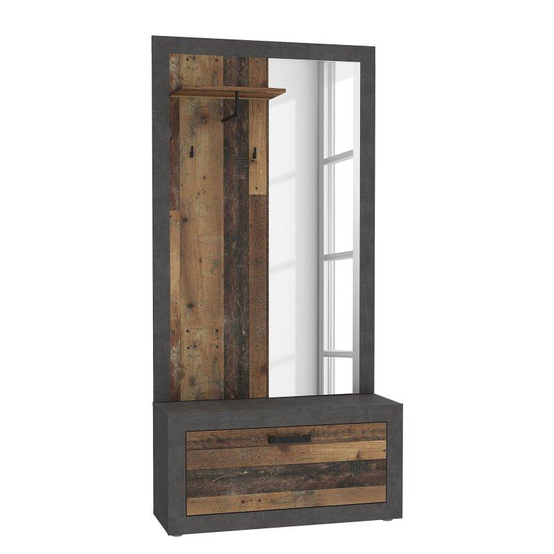 Eskitme Ahşap Rengi Sunta Gold Kulplu Portmanto Vestiyer - 93x34x191 cm - 158746