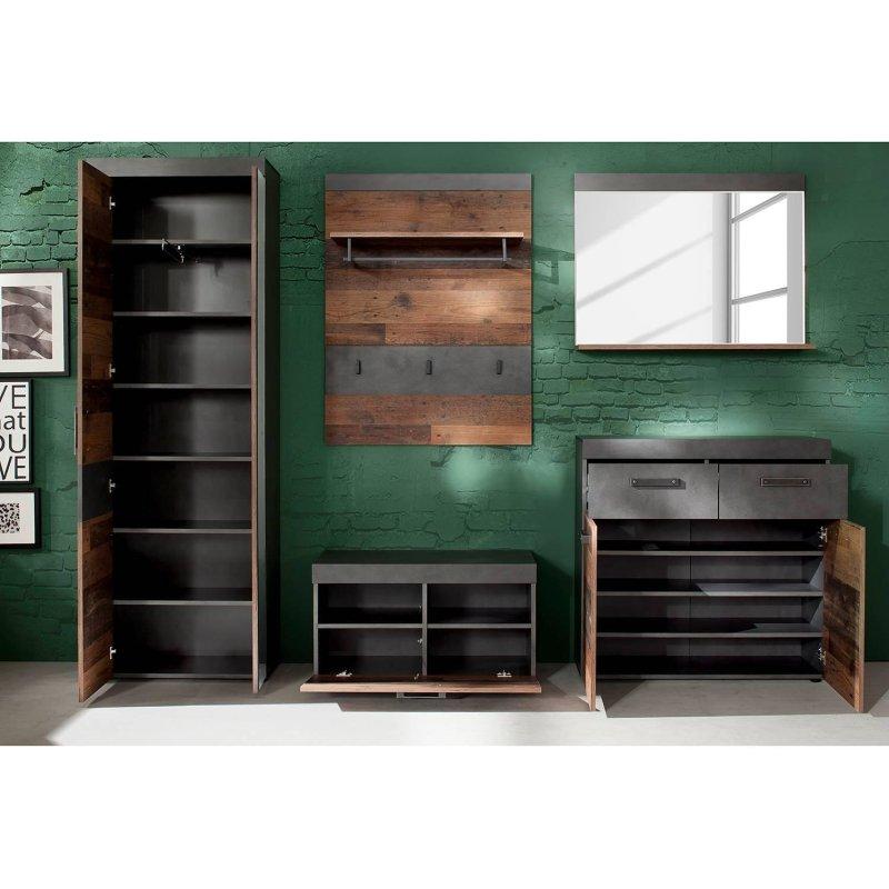 Eskitme Ahşap ve Antrasit Rengi Suntalam 5 Parçalı Aynalı Oturaklı Portmanto Vestiyer - 265 cm - 158902