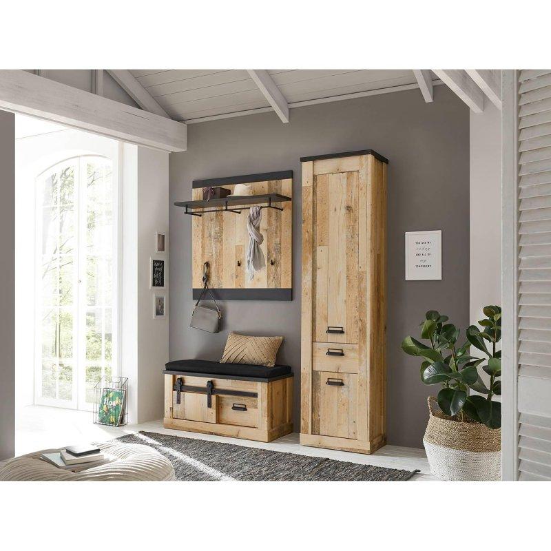 Eskitme Ahşap ve Antrasit Suntalam Oturaklı 3 Parçalı Portmanto Vestiyer - 164 cm - 158995