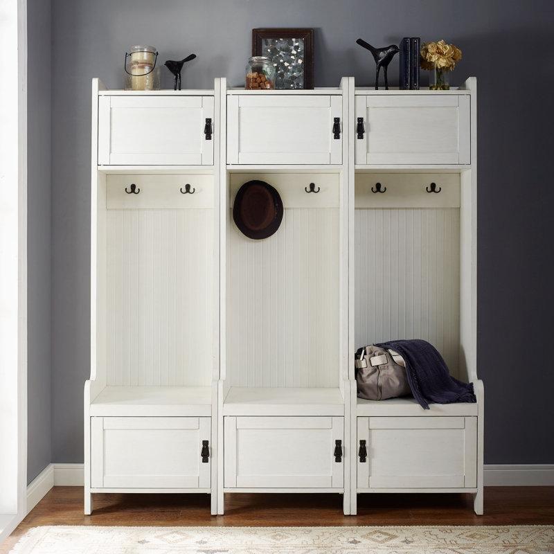 Eskitme Beyaz Masif ve MDF 6 Dolaplı 3 Oturaklı Ayakkabılıklı Portmanto Vestiyer - 169 cm - 159463