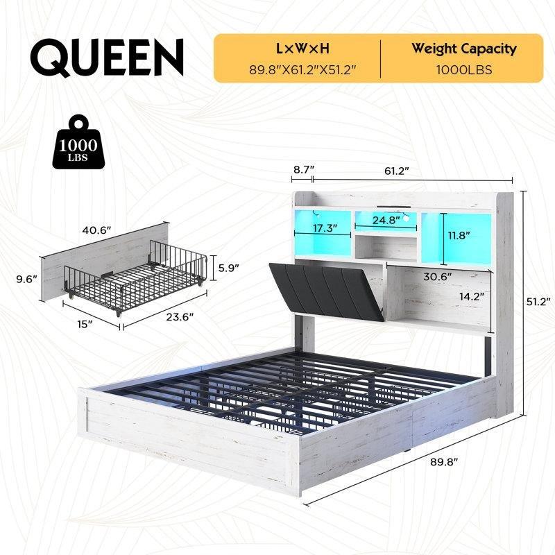 Eskitme Beyaz Metal ve Endüstriyel Ahşap LED Işıklı ve Şarj İstasyonlu Karyola - 156x229 cm - 142291