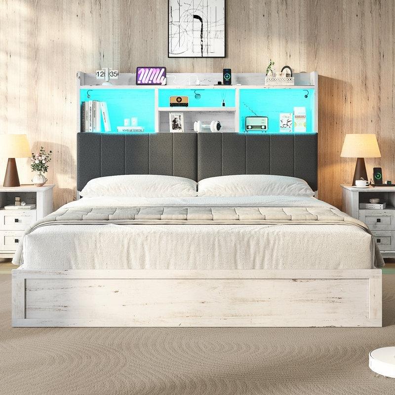 Eskitme Beyaz Metal ve Endüstriyel Ahşap LED Işıklı ve Şarj İstasyonlu Karyola - 156x229 cm - 142291