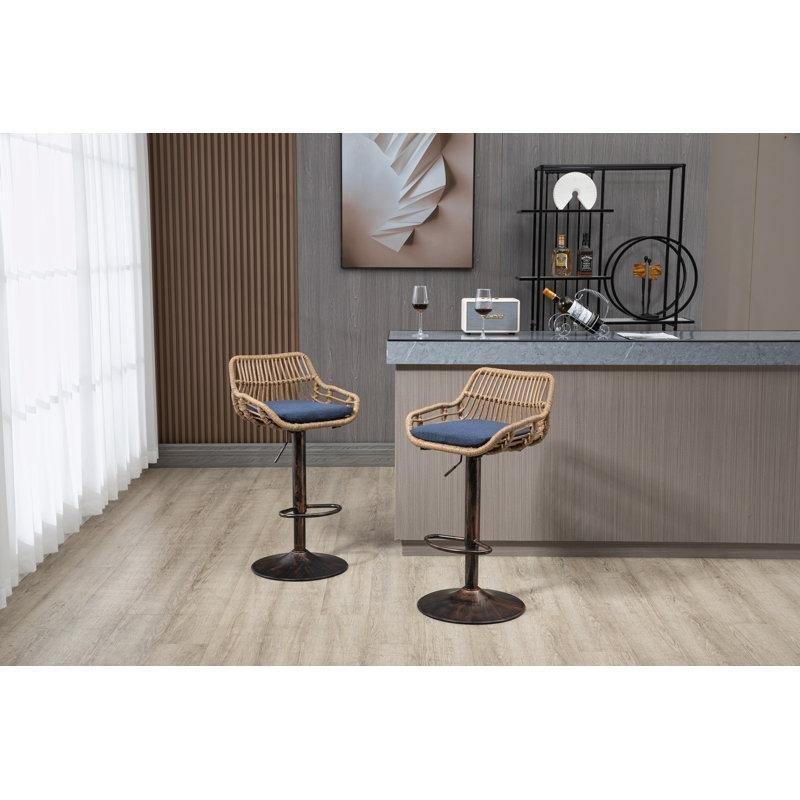 Eskitme Gold Metal Keten Döşemeli Döner Amortisörlü Kolçaklı Hasır Bar Sandalyesi 2li Set - 148179