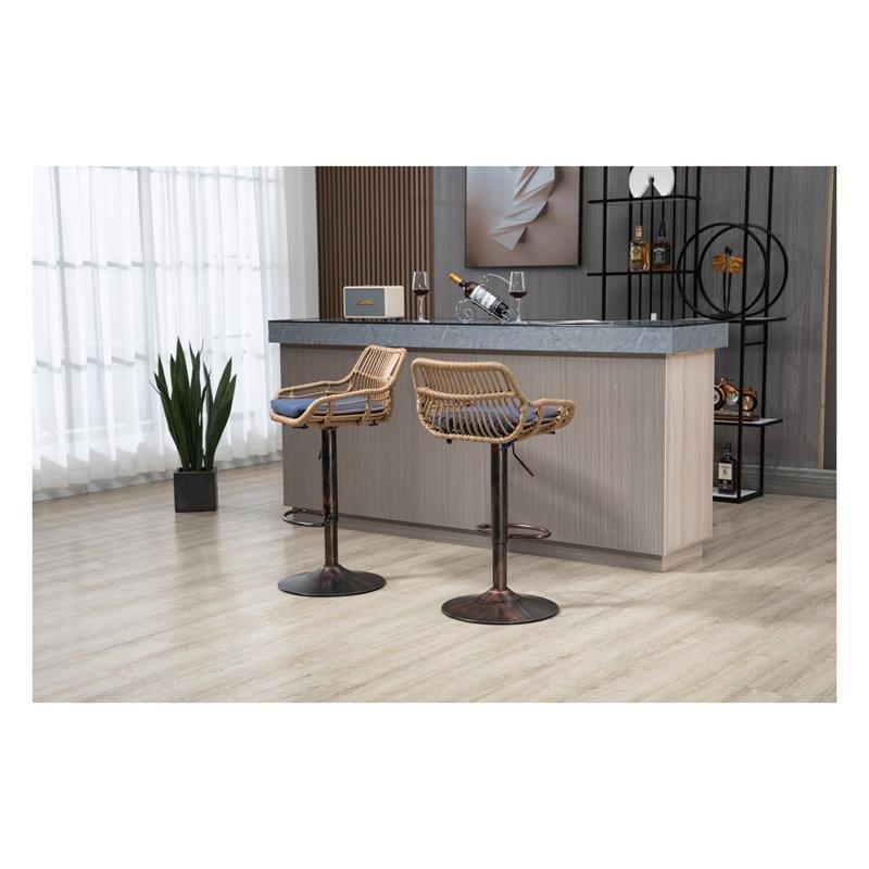 Eskitme Gold Metal Keten Döşemeli Döner Amortisörlü Kolçaklı Hasır Bar Sandalyesi 2li Set - 148179