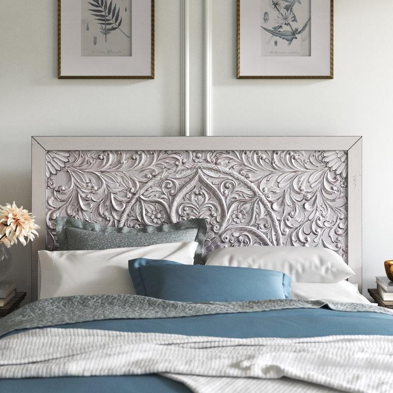 Eskitme Gri Maun Masif Ahşap Oyma Detaylı Panel Yatak Başlığı - 206x163 cm - 144594