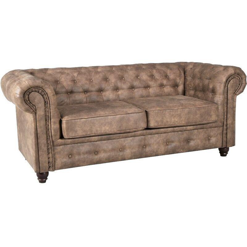 Eskitme Kahverengi Deri Görünümlü Kumaş Kapitoneli Chesterfield İkili Koltuk - 183x85x72 cm - 152344