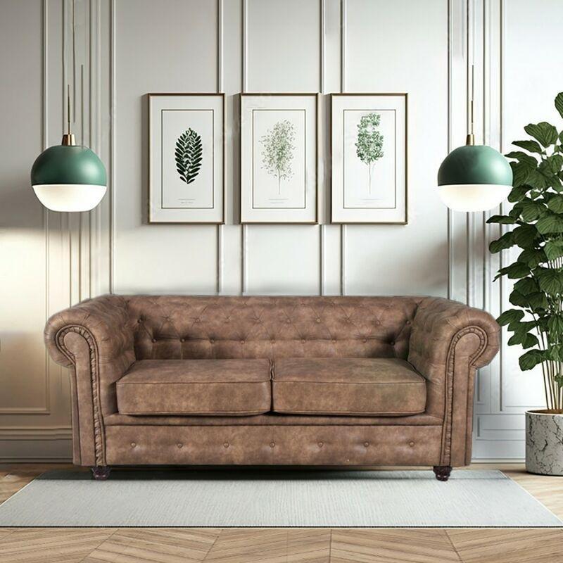 Eskitme Kahverengi Deri Görünümlü Kumaş Kapitoneli Chesterfield İkili Koltuk - 183x85x72 cm - 152344