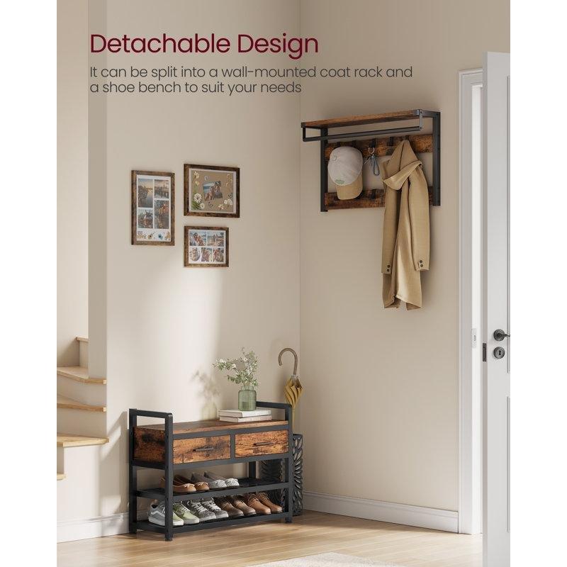Eskitme Kahverengi ve Gri Oturaklı Çekmeceli Metal Portmanto Vestiyer - 182x82x31 cm - 159784