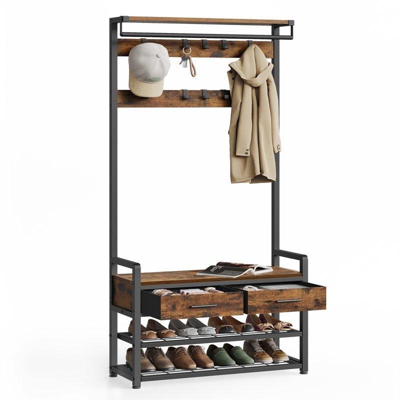 Eskitme Kahverengi ve Gri Oturaklı Çekmeceli Metal Portmanto Vestiyer - 182x82x31 cm - 159784