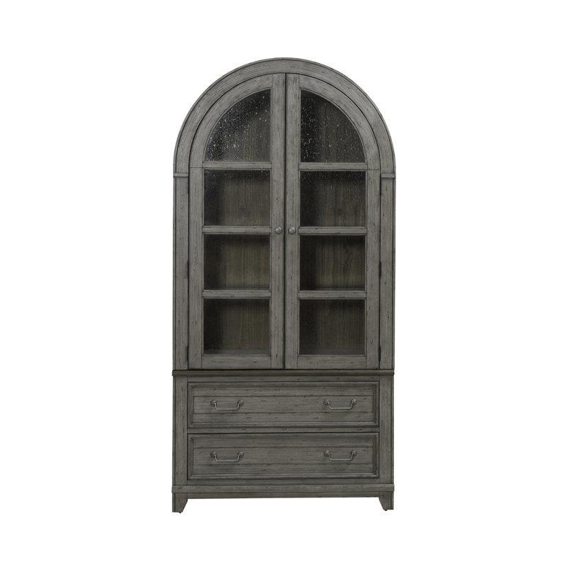 Eskitme Masif Çam Ağacı LED Aydınlatmalı 2 Çekmeceli Cam Kapaklı Vitrin - Gümüşlük - 112x49x229 cm - 157243