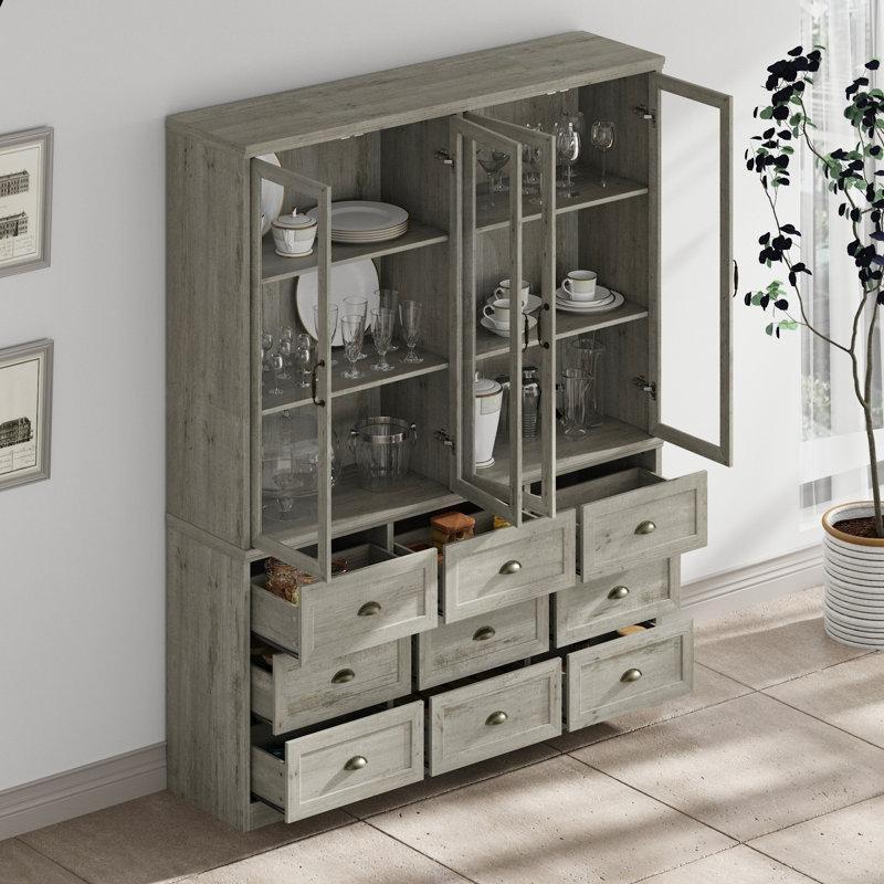 Eskitme Meşe Ahşap 9 Çekmeceli Cam Kapaklı Vitrin - Gümüşlük - 160x40x200 cm - 156982