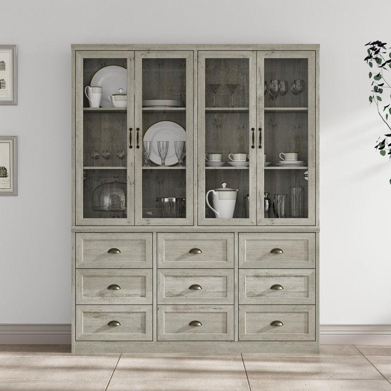 Eskitme Meşe Ahşap 9 Çekmeceli Cam Kapaklı Vitrin - Gümüşlük - 160x40x200 cm - 156982