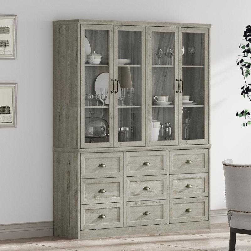 Eskitme Meşe Ahşap 9 Çekmeceli Cam Kapaklı Vitrin - Gümüşlük - 160x40x200 cm - 156982