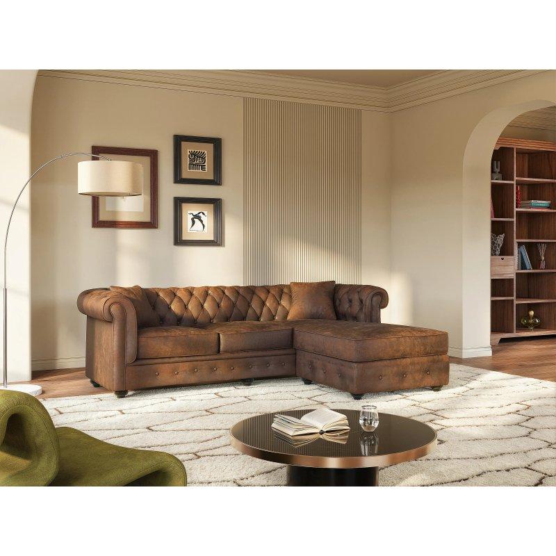 Eskitme Mikrofiber Kahverengi Chesterfield Çift Yönlü Köşe Koltuk - 228 cm - 155548