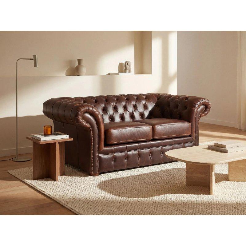 Eskitme Sığır Derisi Kapitoneli Zımba Detaylı Chesterfield İkili Koltuk - 173 cm - 155143