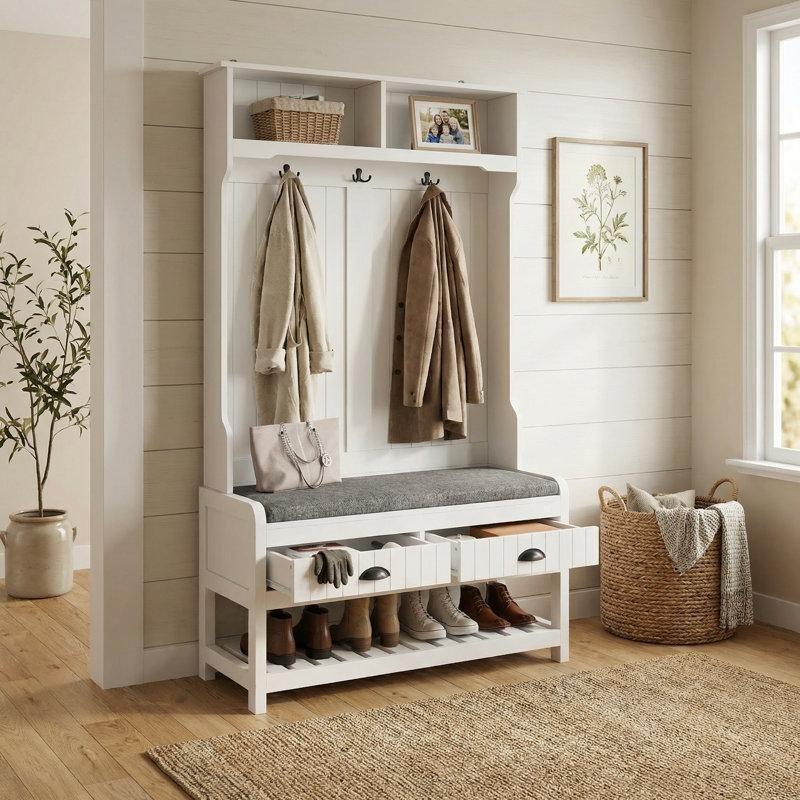 Eskitme Tasarım Oturaklı Çekmeceli ve Raflı Ahşap Portmanto Vestiyer - 88 cm - 159880