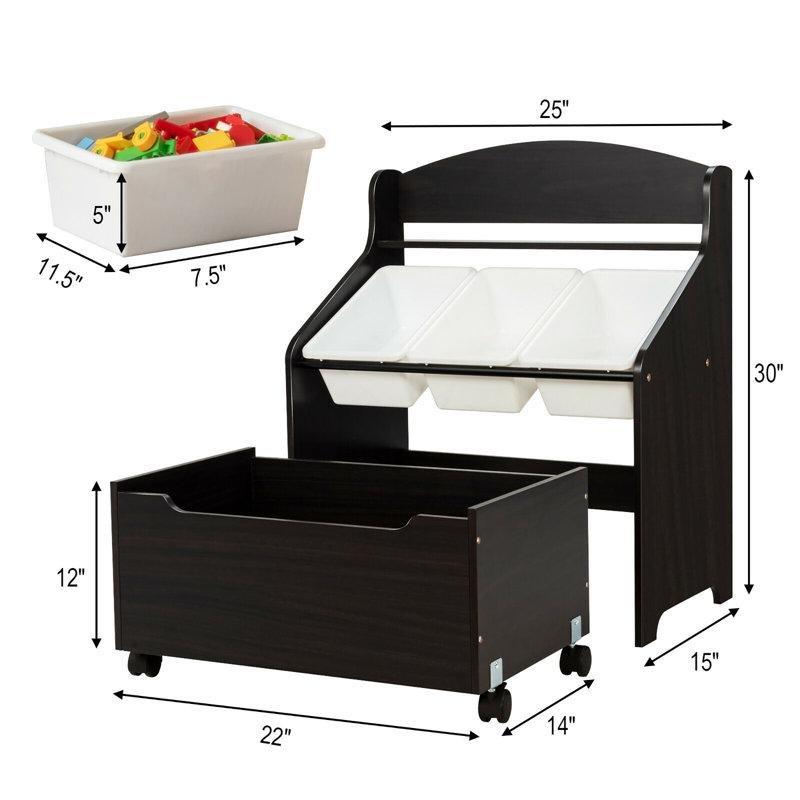 Espresso Endüstriyel Ahşap 3 Kutulu Raflı Tekerlekli Oyuncak Dolabı - 64x39x77 cm - 150153