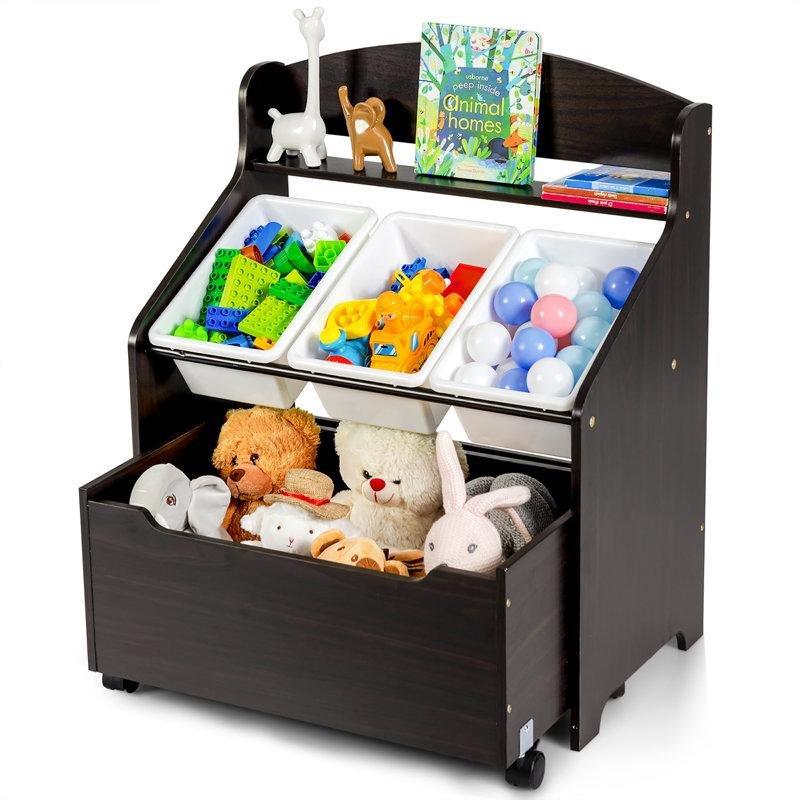 Espresso Endüstriyel Ahşap 3 Kutulu Raflı Tekerlekli Oyuncak Dolabı - 64x39x77 cm - 150153