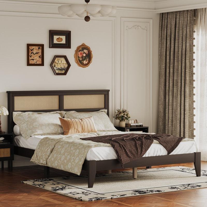 Espresso Kahverengi Masif Ahşap El Dokuması Rattan Başlıklı Karyola - 160x200 cm - 143122