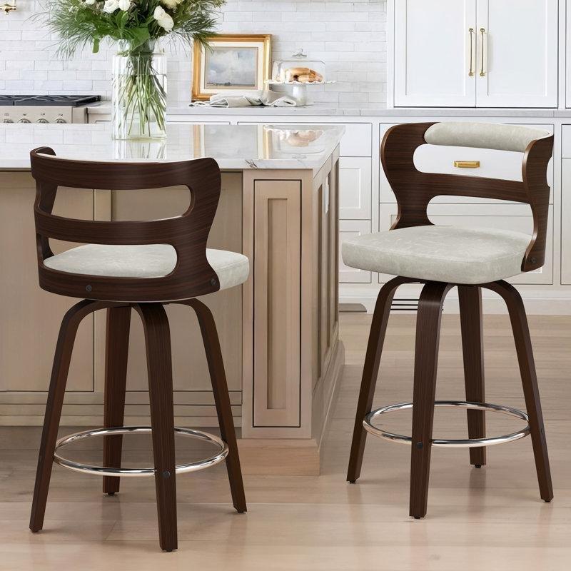 Espresso Suni Deri Ahşap Döner Sırtlıklı Retro Bar Sandalyesi - 67 cm - 148503