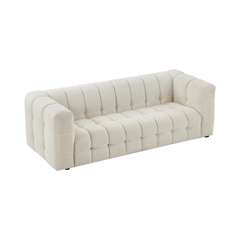 Fildişi Beyazı Bukle Kumaş Kapitoneli Ahşap Ayaklı 3 Kişilik Koltuk - 213 cm - 155368