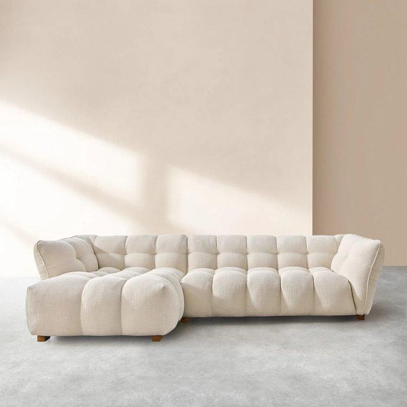 Fildişi Bukle Kumaş Sol Köşe Yuvarlak Hatlı Köşe Koltuk - 295x170 cm - 155003