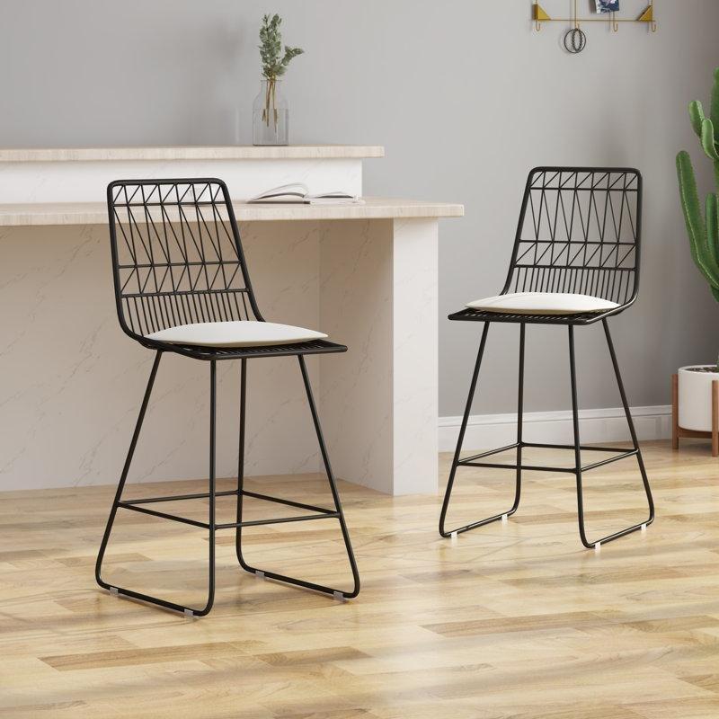 Fildişi Döşemeli Siyah Demir Kızak Ayaklı Tel Bar Sandalyesi, 2'li Set - 67 cm - 148893