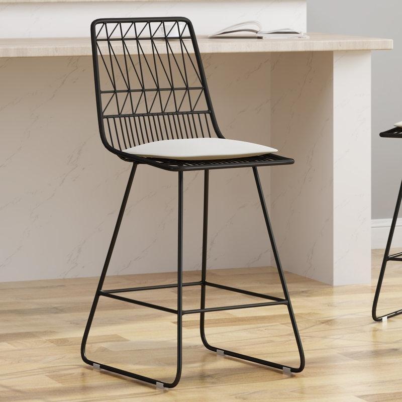 Fildişi Döşemeli Siyah Demir Kızak Ayaklı Tel Bar Sandalyesi, 2%27li Set - 67 cm - 148893