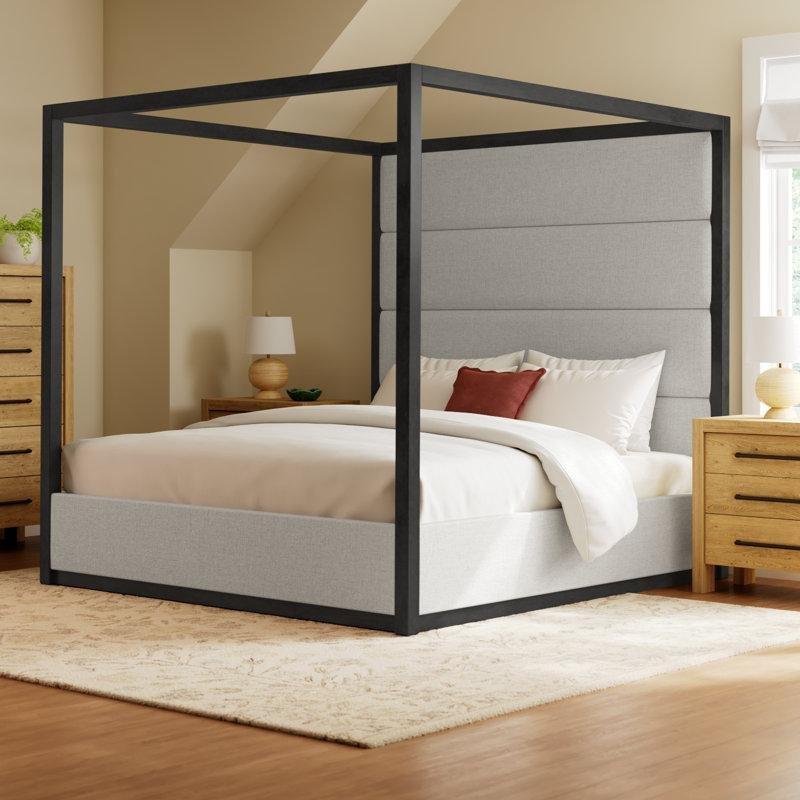 Fildişi Kapitoneli Kumaş Başlıklı Masif Ahşap Gölgelikli Karyola - 205x215 cm - 142456