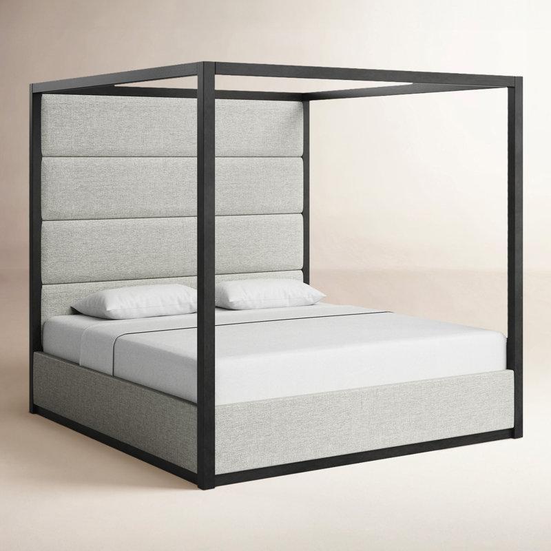 Fildişi Kapitoneli Kumaş Başlıklı Masif Ahşap Gölgelikli Karyola - 205x215 cm - 142456