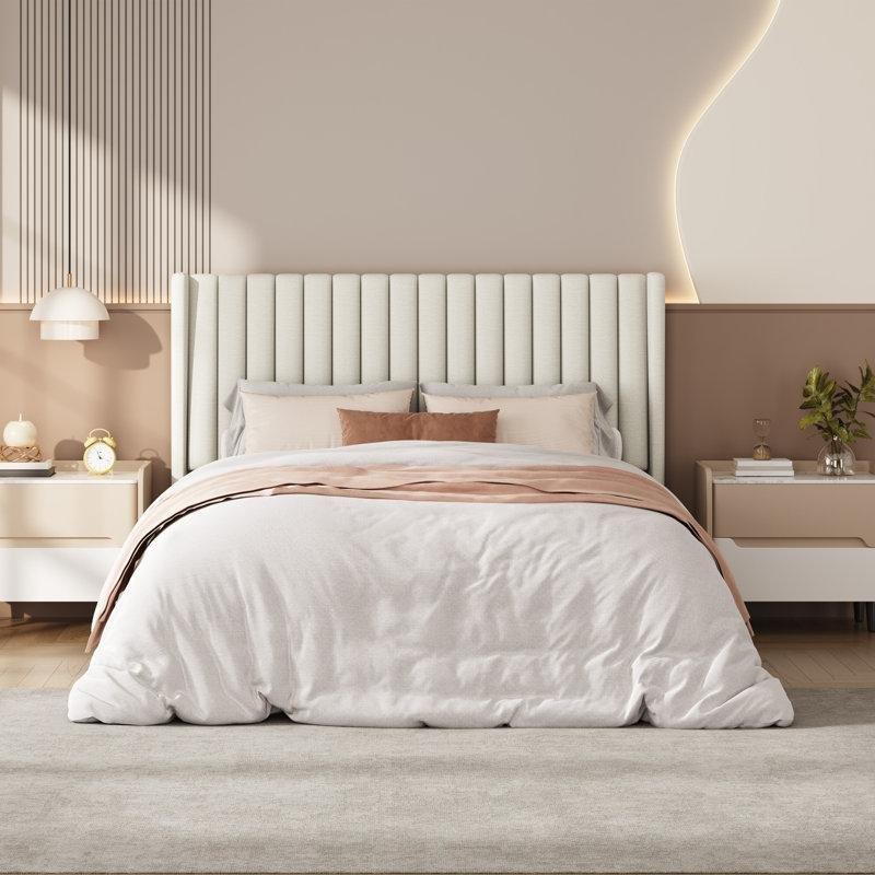 Fildişi Keten Döşemeli Kulaklı Başlıklı Ahşap Karyola - 160x200 cm - 143542