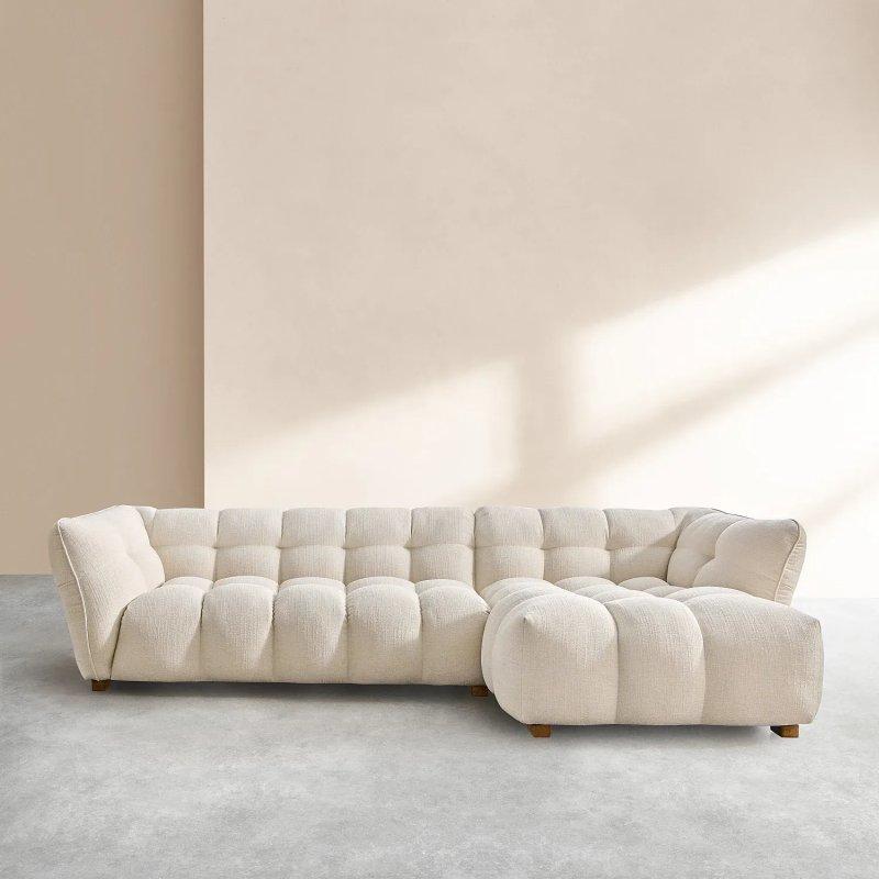 Fildişi Rengi Bukle Kumaş Sağ Uzanmalı Köşe Koltuk - 295x170 cm - 154483