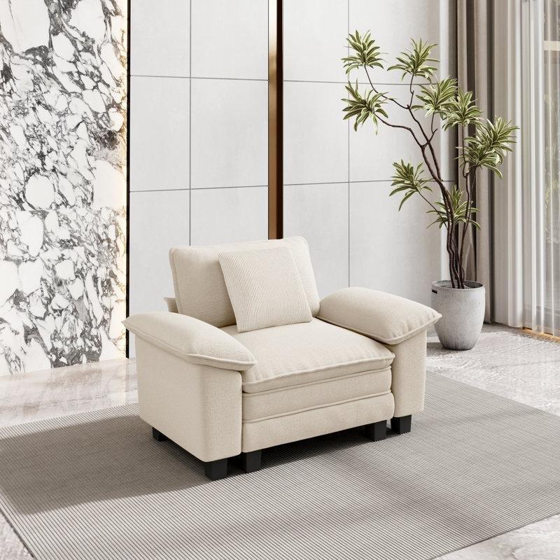 Fildişi Şönil Kumaş Geniş Oturumlu Masif Ahşap Berjer Koltuk - 120 cm - 156181