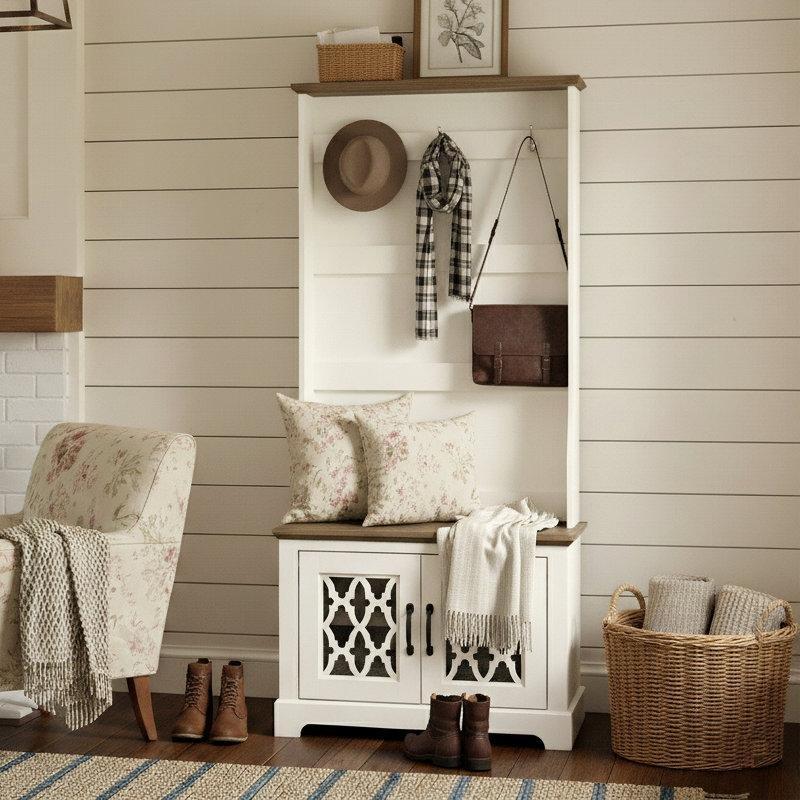 Fildişi ve Budaklı Meşe Rengi Aynalı Oturaklı Ayakkabılıklı Portmanto Vestiyer - 80 cm - 159820