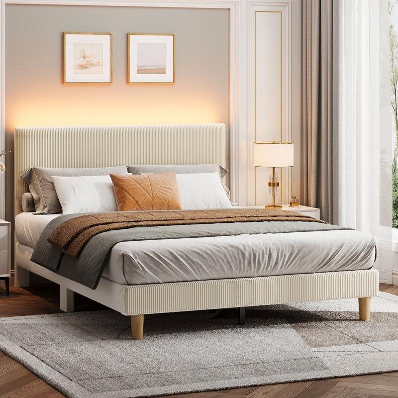 Fitilli Kadife Döşemeli LED Aydınlatmalı Ayarlanabilir Başlıklı Karyola - 154x206 cm - 142414