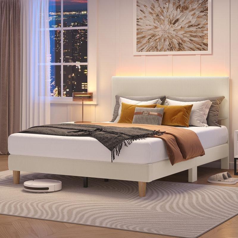 Fitilli Kadife Döşemeli LED Aydınlatmalı Ayarlanabilir Başlıklı Karyola - 154x206 cm - 142414
