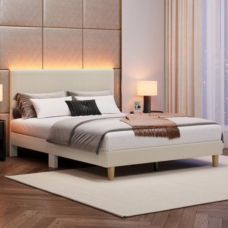 Fitilli Kadife Döşemeli LED Aydınlatmalı Ayarlanabilir Başlıklı Karyola - 154x206 cm - 142414