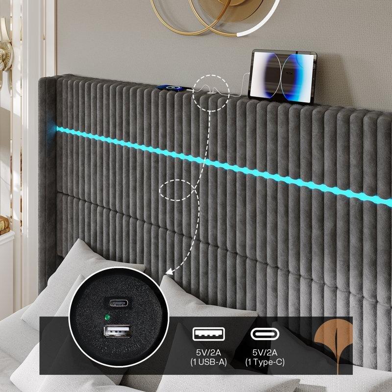 Fitilli Kadife Kumaş LED Işıklı ve Şarj İstasyonlu Modern Karyola - 163x214 cm - 142381