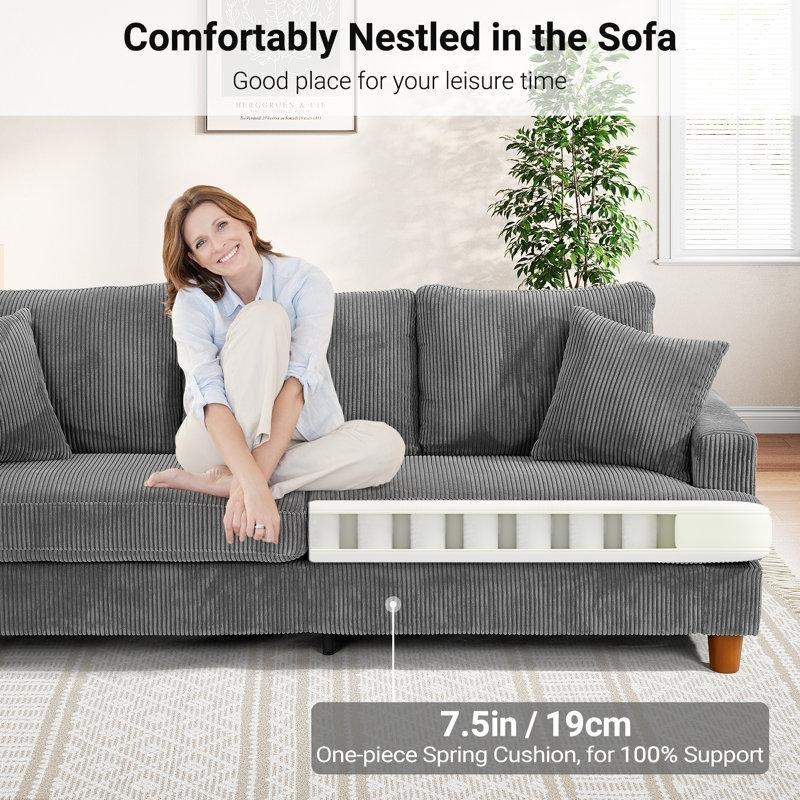 Fitilli Kadife Kumaş Masif Meşe Ayaklı 2 Kırlentli 3 Kişilik Koltuk - 221 cm - 151753