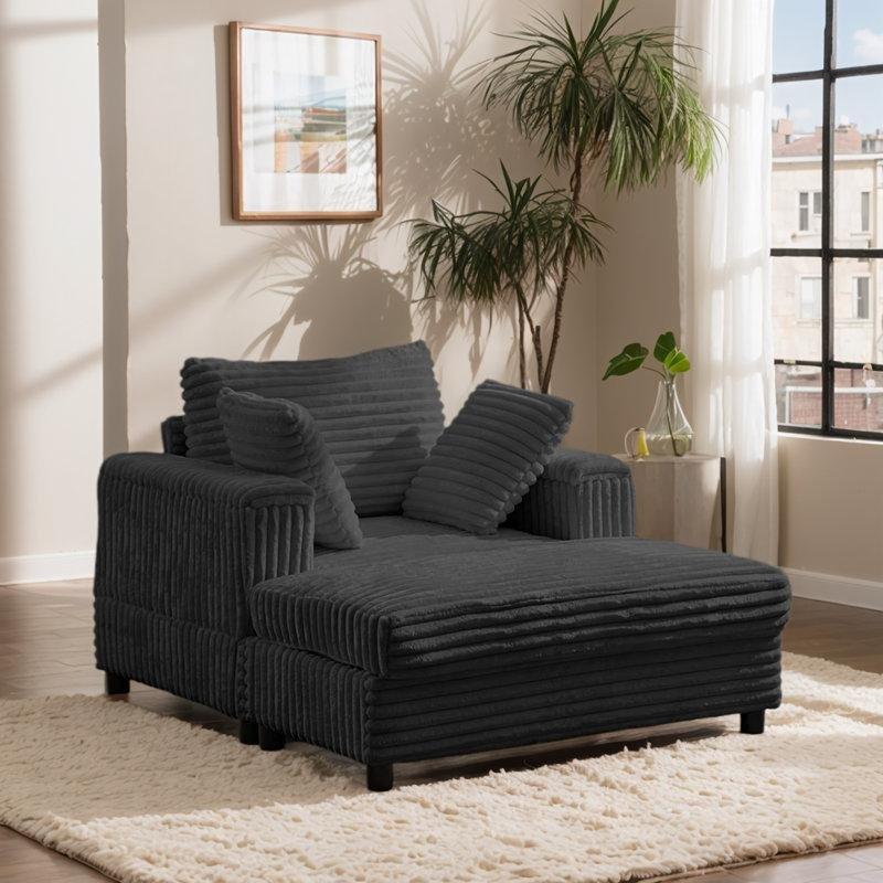 Fitilli Kadife Masif Ahşap Ayaklı Sandıklı Puflu Koltuk - 110 cm - 156379