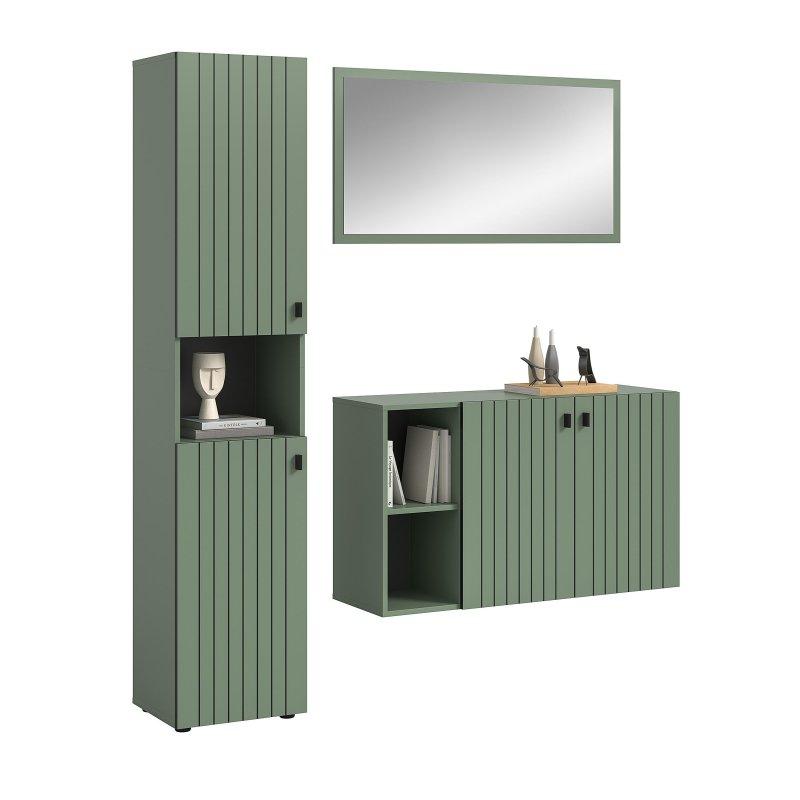 Füme Yeşil Sunta 3 Parçalı Aynalı Siyah Metal Kulplu Portmanto Vestiyer - 161 cm - 158683