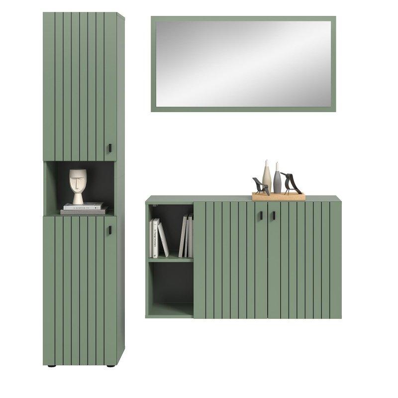 Füme Yeşil Sunta 3 Parçalı Aynalı Siyah Metal Kulplu Portmanto Vestiyer - 161 cm - 158683