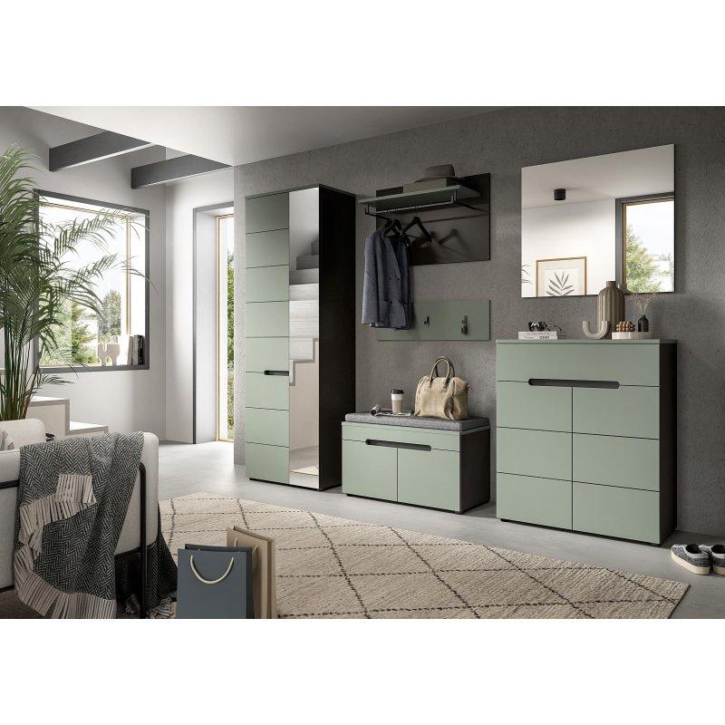 Füme Yeşili ve Antrasit Yonga Levha 6 Parça Oturaklı Aynalı Portmanto Vestiyer Seti - 255x190x37 cm - 159004