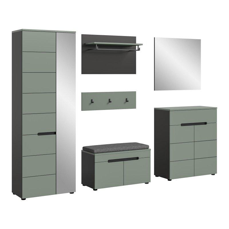 Füme Yeşili ve Antrasit Yonga Levha 6 Parça Oturaklı Aynalı Portmanto Vestiyer Seti - 255x190x37 cm - 159004