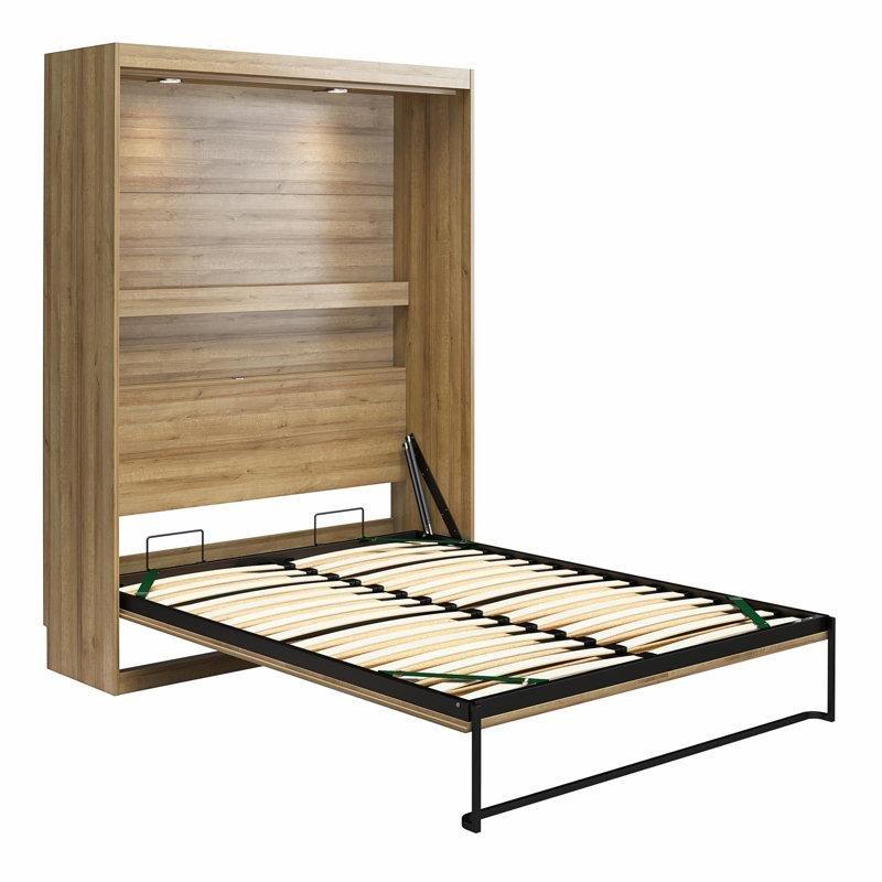 Galerili Raflı ve LED Aydınlatmalı Endüstriyel Ahşap Duvar Yatağı - 148 cm - 144498