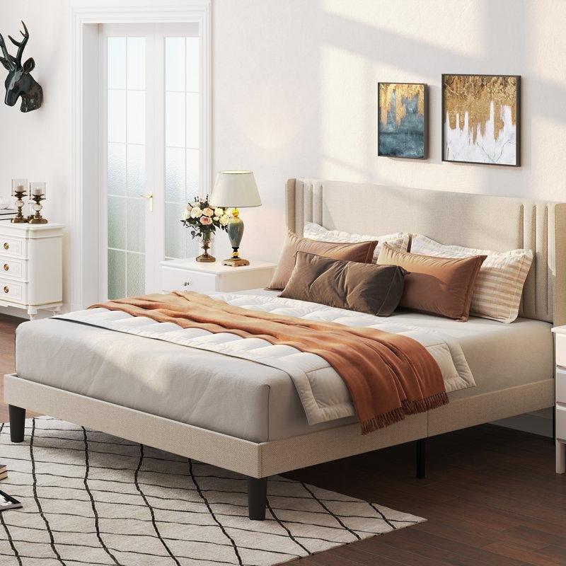 Geometrik Başlıklı Keten Döşemeli Ahşap ve Metal Platform Karyola - 143485