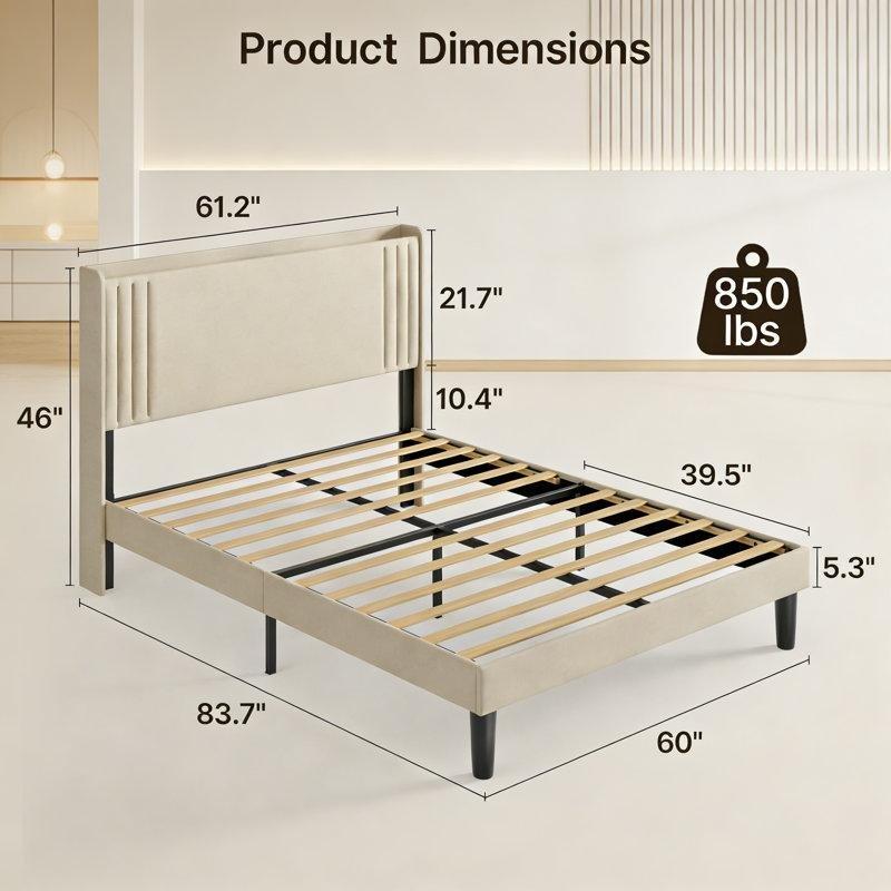 Geometrik Başlıklı Keten Döşemeli Ahşap ve Metal Platform Karyola - 143485